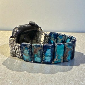 Galaxy Blue Majestic Imperial Sea Sediment Jasper Apple Watch Band | Handmade Stretch Bracelet Strap with Rectangular Stones