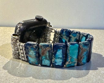 Galaxy Blue Majestic Imperial Sea Sediment Jasper Apple Watch Band | Handmade Stretch Bracelet Strap with Rectangular Stones