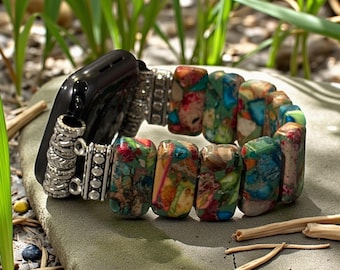 Colorful Sea Sediment Jasper Chic Flower Apple Watch Band: Beaded Bracelet Strap