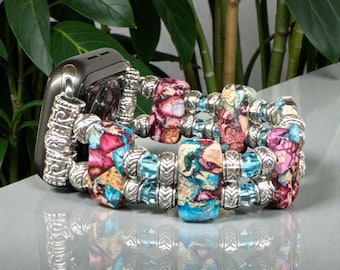 Purple & Blue Sea Sediment Imperial Jasper Apple Watch Band | Ocean Gemstone Beaded Watch Strap | Fits all Apple Watches
