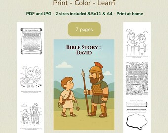 May include: A printable Bible story activity set titled "David Bible Story." The set includes coloring pages and text, with the title and other text in a brown, stylized font. The set includes 7 pages and is available in PDF and JPG formats.