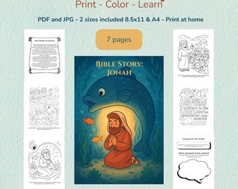 May include: A digital download featuring a "Jonah Bible Story" coloring book. The cover shows Jonah praying in front of a large blue fish. The set includes 7 pages with illustrations and text, available in PDF and JPG formats, sized 8.5x11 and A4.