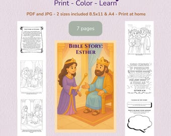 May include: A printable Bible story activity set featuring the story of Esther. The cover shows Esther and the king. Includes colouring pages, text, and activities. The text reads "Esther Bible Story Print - Color - Learn".
