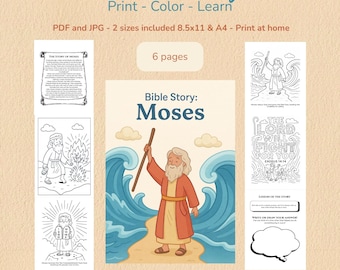 May include: A printable coloring book titled "Moses Bible Story." The cover features an illustration of Moses holding a staff, with the Red Sea in the background. The book includes 6 pages with illustrations and text for children to color and learn.