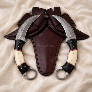 Hand-Forged Damascus Steel Karambit Knives, Buffalo Horn & Camel Handle, Leather Sheath