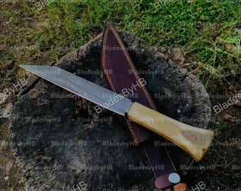 Handgeschmiedetes Sax-Messer aus Damaststahl | Wikingermesser Forest mit Lederscheide