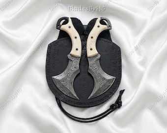 Facas Karambit Duplas Forjadas à Mão com Bainha de Couro | Lâmina Curva | Presente para ele