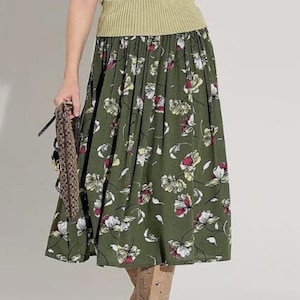 Falda midi plisada floral verde estilo vintage, talla L