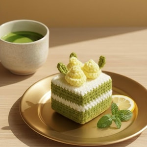 Puede incluir: Tarta de ganchillo con capas verdes y blancas, adornada con decoraciones amarillas y hojas verdes, sobre un plato dorado. También hay una taza de líquido verde y una ramita de menta.