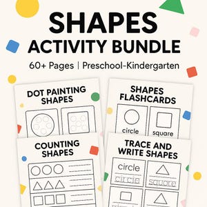 Könnte beinhalten: Ein Bundle mit Lernaktivitäten für Vorschule und Kindergarten, betitelt "SHAPES ACTIVITY BUNDLE". Es enthält Arbeitsblätter zum Ausmalen, für Karteikarten, zum Zählen und zum Nachzeichnen von Formen. Formen wie Kreise und Quadrate sind abgebildet.
