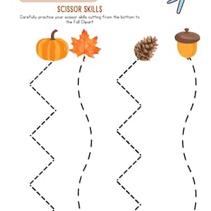 Op de afbeelding: Een wit werkblad met de tekst "SCISSOR SKILLS" en instructies. Het werkblad bevat een pompoen, blad, dennenappel en eikel met stippellijnen om te oefenen met knippen. Een roze en blauwe schaar staat in de rechterbovenhoek.