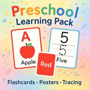Könnte beinhalten: Vorschul-Lernpaket mit Karteikarten, Postern und Malvorlagen. Das Bild zeigt einen Apfel mit dem Buchstaben "A", die Zahl "5" und das Wort "Rot" auf separaten Karten. Der Hintergrund ist ein Farbverlauf aus Pastelltönen mit Sternen- und Bleistiftillustrationen.