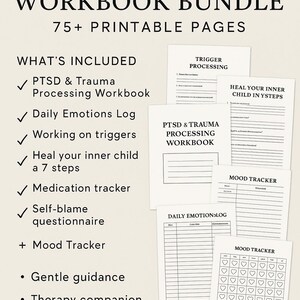 May include: A collection of printable pages for PTSD and trauma processing, including a workbook, daily emotions log, and mood tracker. The pages feature text such as "Trigger Processing" and "Heal your inner child in 7 steps".