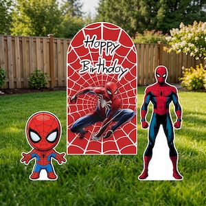 May include: A set of three Spider-Man themed party decorations including a large arched sign with a red spiderweb pattern and the text Happy Birthday, a small chibi-style Spider-Man cutout, and a tall standing Spider-Man figure cutout.