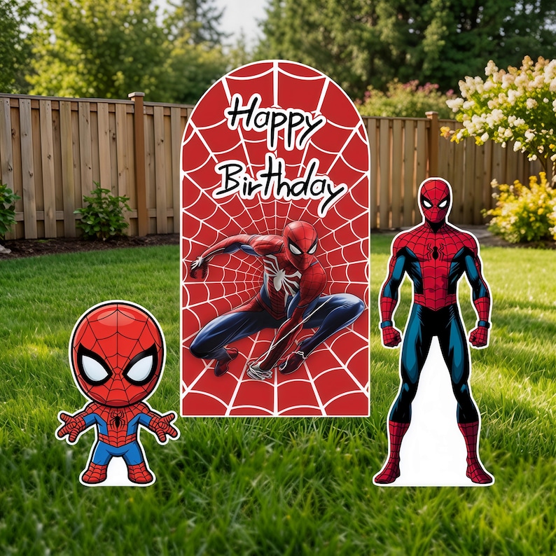 May include: A set of three Spider-Man themed party decorations including a large arched sign with a red spiderweb pattern and the text Happy Birthday, a small chibi-style Spider-Man cutout, and a tall standing Spider-Man figure cutout.