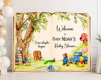 New Chapter Begins Storybook Baby Shower Backdrop Personalized Winnie the Pooh Welcome Baby Sign Book Backdrop Life Size Cutout Standee