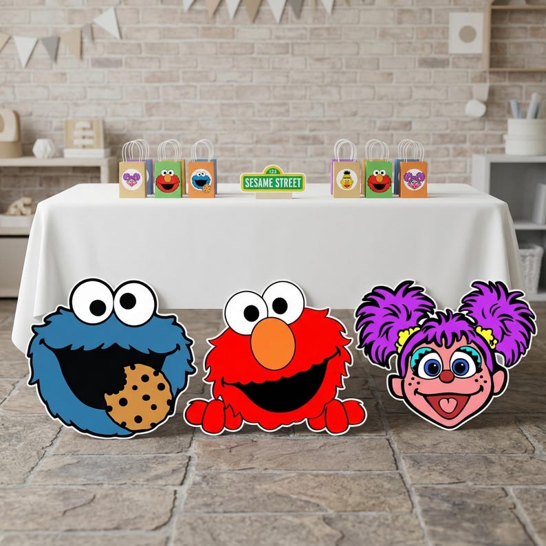 May include: Colorful Sesame Street-themed party decorations. Includes cutouts of Cookie Monster, Elmo, and Abby Cadabby. Also features gift bags with character designs and a "Sesame Street" sign. Perfect for a children's birthday party.