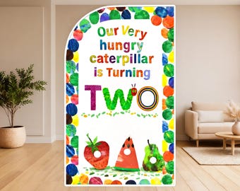 Turning Two Hungry Caterpillar Birthday Backdrop 2nd Birthday Party Standee Cake Smash Photo Prop Storybook Two Year Old Party Decor