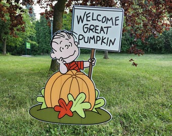 Linus Welcome Great Pumpkin Yard Sign Peanuts Halloween Trick Or Treat Life Size Cutout Standee Pumpkin Patch Decor Charlie Brown Lawn Sign