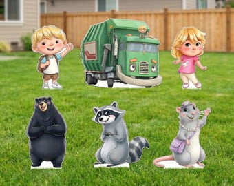 Trash Truck birthday decoration WATER COLOR cutout yard art centerpieces table topper backdrop standee lawn sign Netflix trash truck cutouts