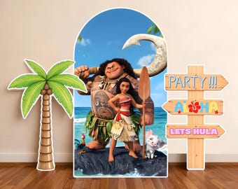 Moana Birthday Backdrop Standee Set, Maui Life Size Cutout, Moana Party Decor, Moana Photo Booth Backdrop, Luau Party Decor, Kids Party