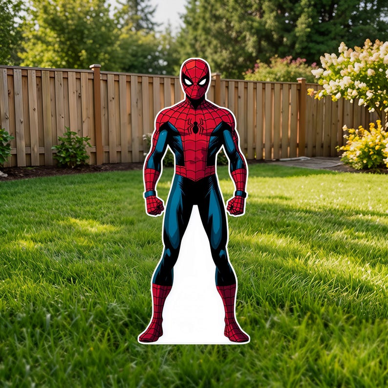May include: A full-body cutout of the comic book character Spider-Man, featuring a red and blue suit with a black spider emblem on the chest and a web pattern across the red sections. The figure stands in a classic pose with clenched fists.