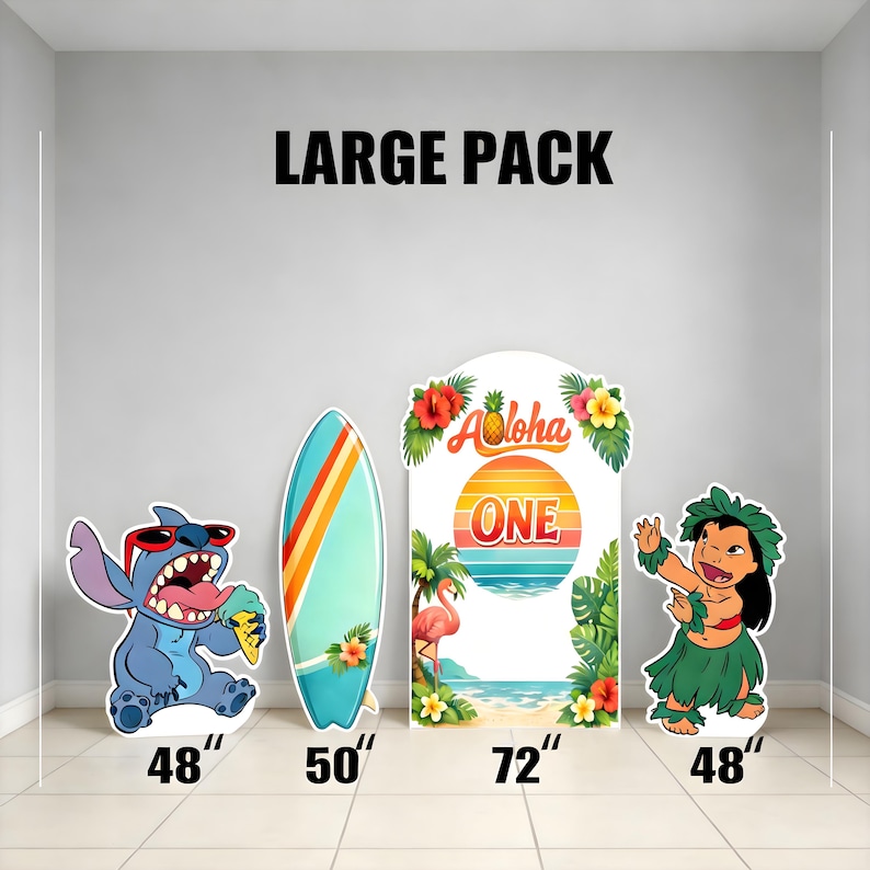 K&ouml;nnte beinhalten: Ein gro&szlig;es Set an Dekorationen f&uuml;r eine hawaiianische Party. Enth&auml;lt eine blaue Cartoon-Figur mit Sonnenbrille, ein Surfbrett (127 cm) und ein Schild mit der Aufschrift "Aloha ONE" (183 cm).