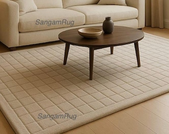 Hand-Tufted Loop-Cut Rug: Minimalist Beige Square Tufted Rug - Soft Foam Play Mat & Bedroom Carpet - Neutral Home Decor