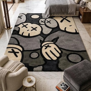 Luxury Kaws Style Abstract Rug, Modern Black Grey Carpet 8x10 9x13 10x14 12x18 Designer Hand Tufted Area Rug image 3