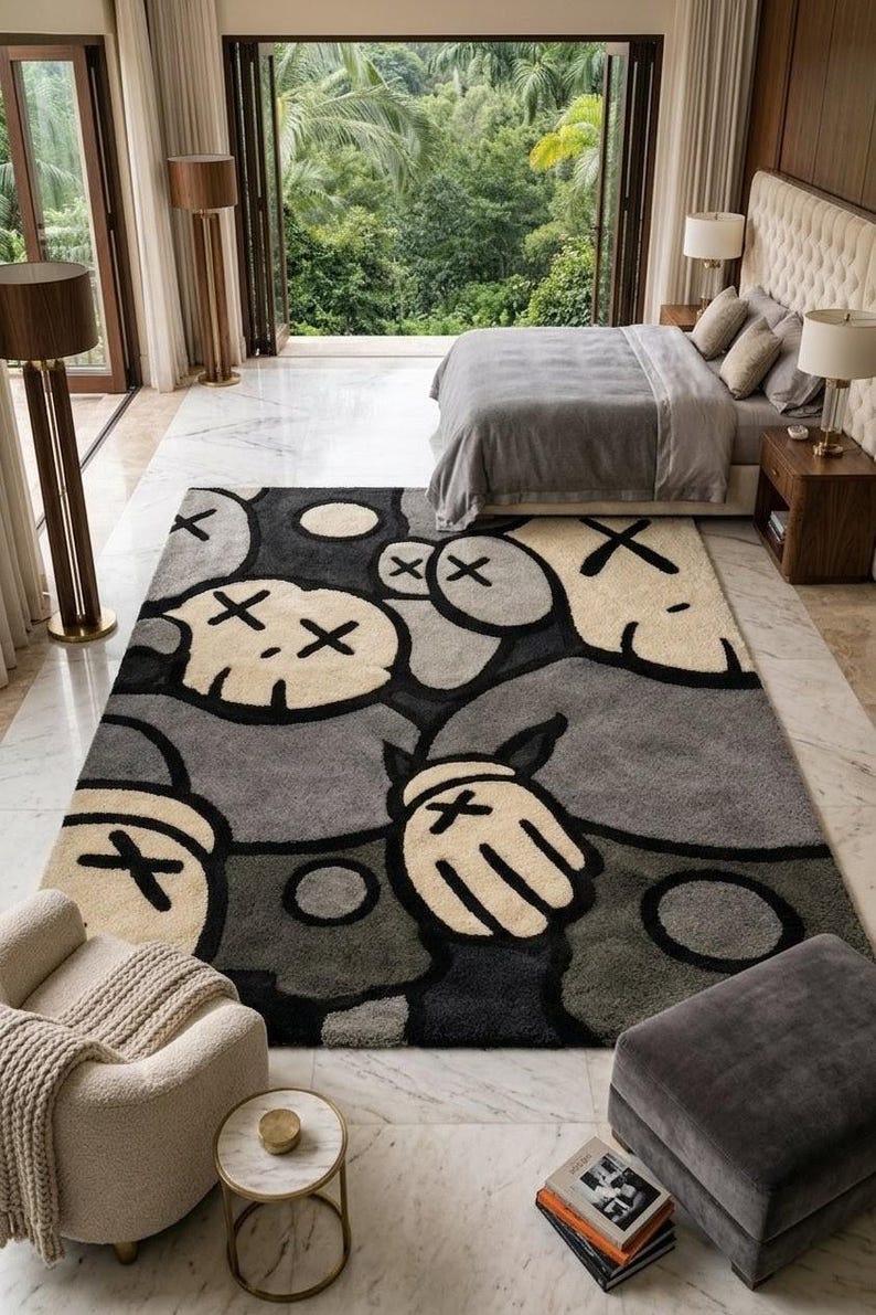 Luxury Kaws Style Abstract Rug, Modern Black Grey Carpet 8x10 9x13 10x14 12x18 Designer Hand Tufted Area Rug image 3