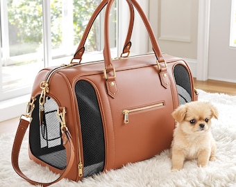 Luxury Tan Genuine Leather Pet Shoulder Bag | Premium Foldable Dog Duffel | Chic Cat Carrier | Personalized Name tag Plate
