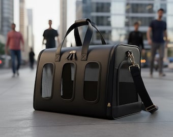 Black Handcrafted Italian Leather Pet Shoulder Bag | Water-Resistant Dog Carrier | Designer Cat Tote | Golden Accent