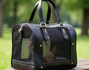 Black Luxury Full-Grain Leather Pet Shoulder Bag | Lightweight Dog Carrier | Elegant Cat Tote | Gold-Plated Detail