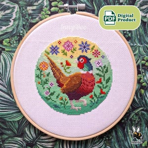 Pheasant Meadow Cross Stitch Pattern – PDF Instant Download – Summery Floral Pastel Cottage Countryside Embroidery Chart