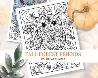 Puede incluir: Páginas para colorear en blanco y negro con un búho, flores, hojas y bellotas. Se muestra el texto "FALL FOREST FRIENDS COLORING BUNDLE". Una calabaza y hojas verdes están en el fondo.