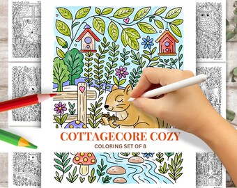 Dibujos para colorear de animales estilo cottagecore (8) / Escenas de jardín caprichosas (Descarga instantánea)