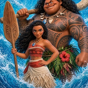 Puede incluir: Una ilustración digital de dos personajes en las olas del mar. Uno tiene el pelo largo, oscuro y rizado, un top rojo estampado y una falda beige con flecos, sosteniendo un remo de madera. El otro es una figura grande con tatuajes y un gancho.