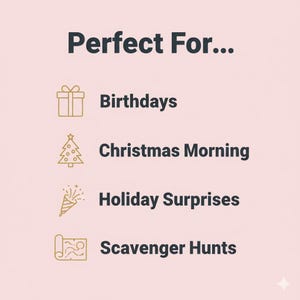 May include: A graphic on a pink background with the text "Perfect For..." followed by icons and text for Birthdays, Christmas Morning, Holiday Surprises, and Scavenger Hunts. The text is in a dark gray color.