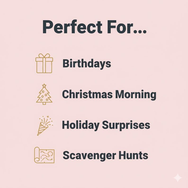 May include: A graphic on a pink background with the text "Perfect For..." followed by icons and text for Birthdays, Christmas Morning, Holiday Surprises, and Scavenger Hunts. The text is in a dark gray color.