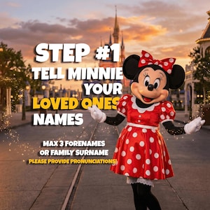 May include: Minnie Mouse in a red dress with white polka dots and a matching bow. The image includes text that says "STEP #1 TELL MINNIE YOUR LOVED ONES NAMES". The text also says "MAX 3 FORENAMES OR FAMILY SURNAME PLEASE PROVIDE PRONUNCIATIONS!"