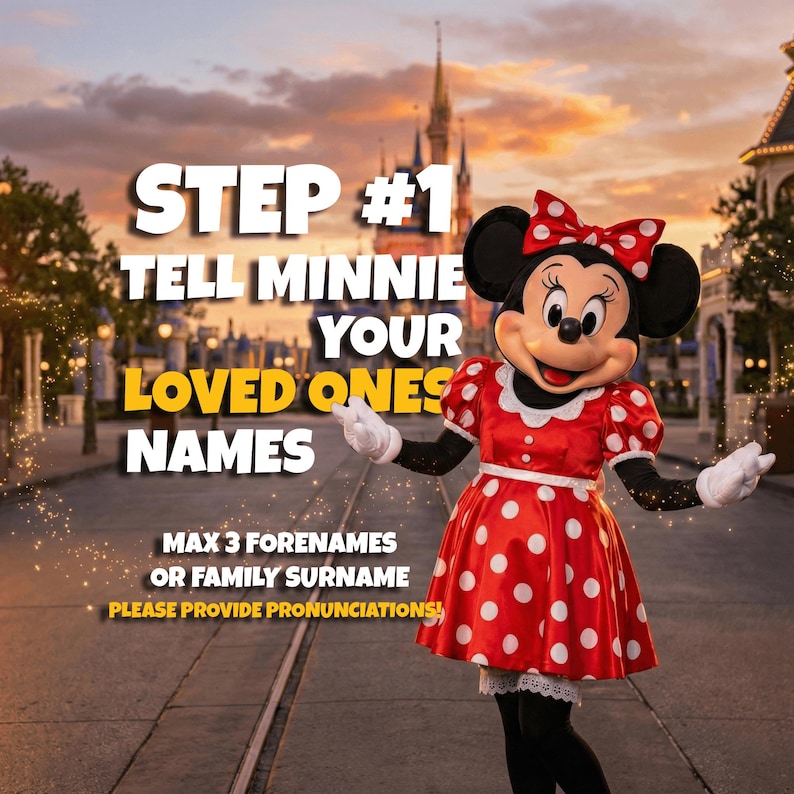 May include: Minnie Mouse in a red dress with white polka dots and a matching bow. The image includes text that says "STEP #1 TELL MINNIE YOUR LOVED ONES NAMES". The text also says "MAX 3 FORENAMES OR FAMILY SURNAME PLEASE PROVIDE PRONUNCIATIONS!"