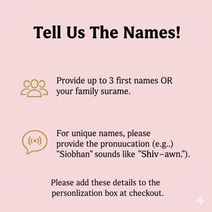 May include: A pink graphic with the text "Tell Us The Names!" and instructions to provide names for personalization. Includes icons and details about providing up to three first names or a surname, and pronunciation for unique names.