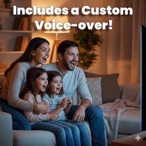 May include: A family of four, including two young girls, is sitting on a couch, watching television. The text "Includes a Custom Voice-over!" is displayed above them. The family appears to be enjoying the show.