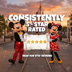 May include: Mickey Mouse and Minnie Mouse characters holding a scroll with five gold stars and the text "CONSISTENTLY 5-STAR RATED". The text "READ OUR ETSY REVIEWS" is below the scroll. The background features a castle and a sunset.