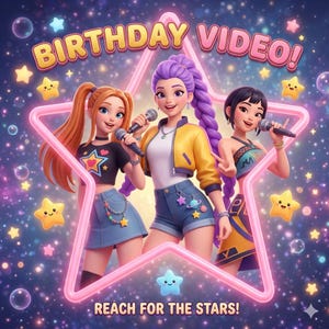 May include: An illustration featuring three cartoon characters holding microphones inside a pink star. The words "BIRTHDAY VIDEO!" and "REACH FOR THE STARS!" are displayed. The background is a starry night with bubbles and stars.