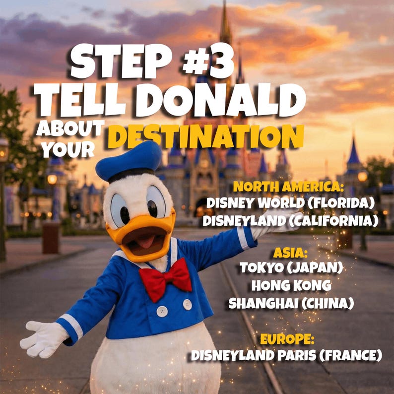 May include: Donald Duck in a blue sailor suit and red bow tie stands before a Disney castle. The image includes text: "STEP #3 TELL DONALD ABOUT YOUR DESTINATION" and lists Disney locations in North America, Asia, and Europe.