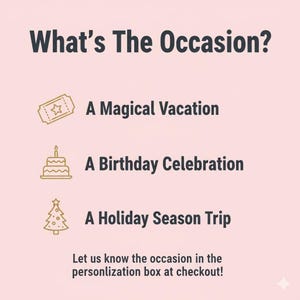 May include: A graphic with the text "What's The Occasion?" and three options: "A Magical Vacation", "A Birthday Celebration", and "A Holiday Season Trip". The image includes icons of a ticket, cake, and Christmas tree.