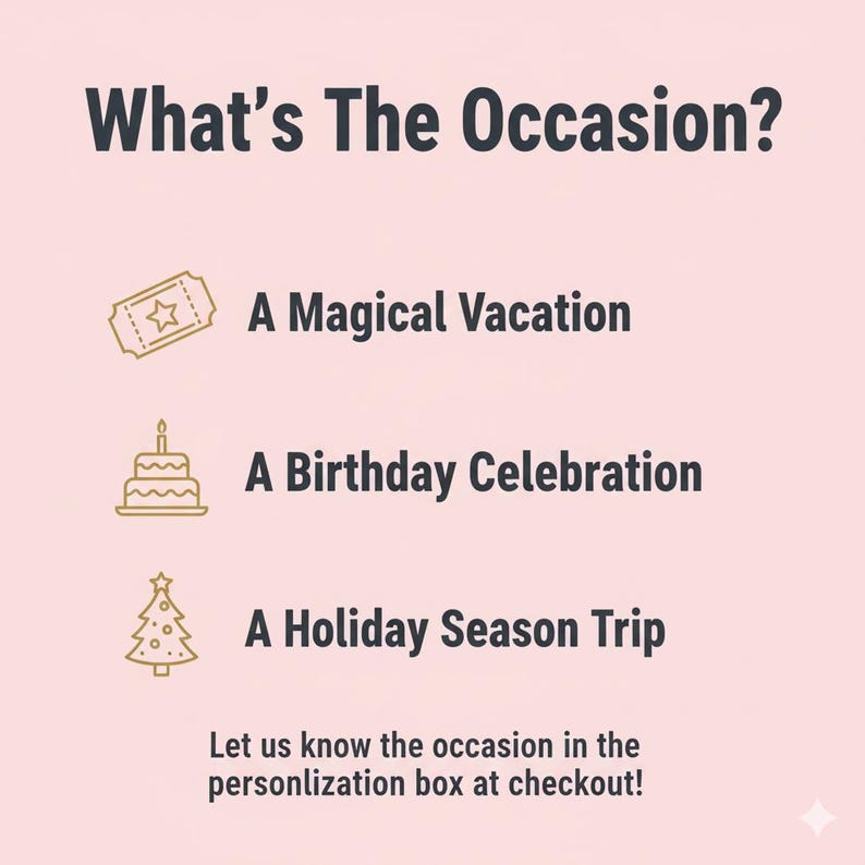 May include: A graphic with the text "What's The Occasion?" and three options: "A Magical Vacation", "A Birthday Celebration", and "A Holiday Season Trip". The image includes icons of a ticket, cake, and Christmas tree.