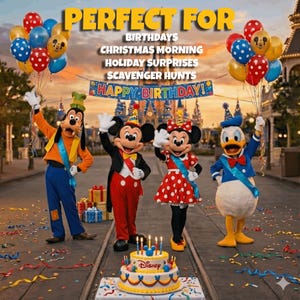 May include: A vibrant image of Disney characters Mickey Mouse, Minnie Mouse, Donald Duck, and Goofy celebrating a birthday. They are in front of a castle, holding balloons and a birthday cake. The cake has candles and the word "Disney". Text reads "Perfect For" and "Happy Birthday!"