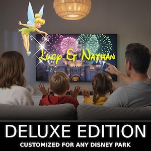 May include: A family watches a television screen displaying a fireworks show over a Disney castle, with the names "Lucy & Nathan" in yellow script. Tinkerbell is in the upper left. The text "DELUXE EDITION" and "CUSTOMIZED FOR ANY DISNEY PARK" are at the bottom.